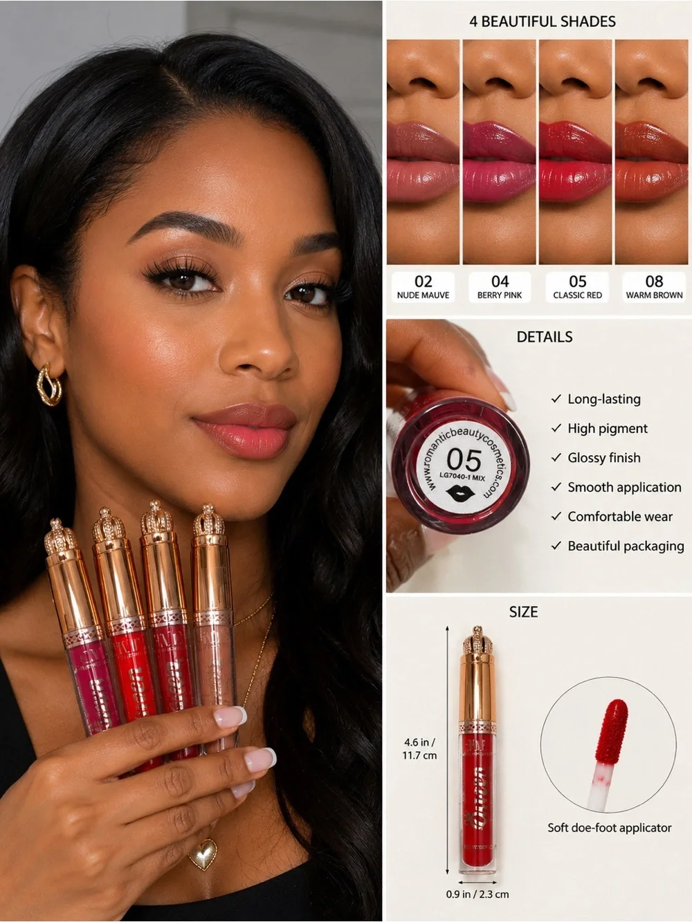 4 pcs Classic Red Gloss Lip Tint - Shade 02,04,05,08 Classic Red,mauve,pink,mid